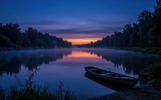 Картинка лодка, деревянная лодка, зеркальная гладь, озеро, деревья, HD, 16:9, ИИ, деревенский пейзаж, пруд, камыш, сумерки, закат, заря, нейросеть, отражение, 2k, заставка на ПК, 1920х1080, красивый вид, фоновый рисунок, 4k, рабочий стол, дымка, берег, туман