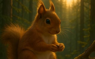 Картинка белочка, тайга, кедр, рассвет, орех