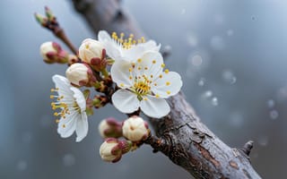 Картинка цветы, цветение, фоновый рисунок, заставка на ПК, флора, ветка дерева, 4k, ИИ, весенний сад, пробуждение природы, макросъемка, слива, 1920х1080, весна, тычинки, боке, белые цветы, ветка, яблоня, нежность, сакура, природа, 2k, детали, бутоны, эстетика
