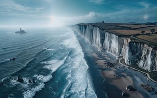 Картинка великобритания, англия, пена, белые скалы дувра, берег, мыс, море, волны, 16:9, туризм, утесы, лодка, дувр, природа, деревья, лучи солнца, солнце, пейзаж, ИИ, фоновый рисунок, побережье, океан, HD, прибой, рабочий стол, заставка на ПК, остров, 1920х1080, палатки, 2k, синяя вода, путешествия, 4k, скалы, нейросеть, поля, облака, кемпинг, маяк