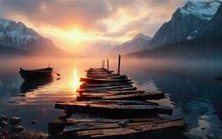 Картинка лодка, море, рассвет, небо