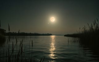 Картинка на открытом воздухе, небо, природа, Луна, отражение, горизонт, пейзаж, озеро, ночь, вода, без людей, ночное небо, трава, тьма, полнолуние