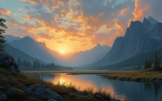 Картинка на открытом воздухе, небо, река, вода, горный горизонт, отражение, горы, рок, трава, закат, облако, дерево, облачное небо, лес, пейзаж, без людей, озеро, солнце, природа