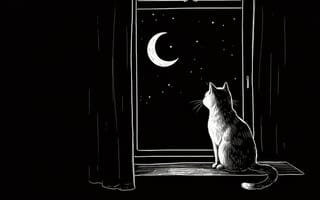 Картинка сидя, монохромный, кошка, внимание к животным, без людей, полумесяц, шторы, Луна, ночь, окно, ночное небо, небо, шкала серого, животное