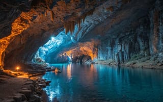 Картинка озеро, пещера, цвет, свет, вода, отражение