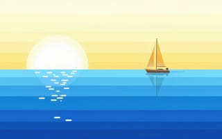 Картинка пейзаж, море, градиент, полосы, солнце, HD, горизонт, синий, парус, парусник, желтый, волны, океан, голубой, флэт арт, блики, минимализм, яхта, лучи, вектор, 1920х1080, рабочий стол, 16:9, 4k, ИИ, покой, иллюстрация, рассвет, свобода, закат, 2k