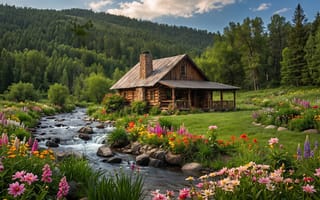 Картинка пейзаж, природа, камни, цветы, бревенчатый дом, холмы, гармония, HD, 2k, облака, лето, ИИ, нейросеть, деревянный дом, рабочий стол, ручей, поляна, зеленый, небо, луг, сказка, покой, уют, избушка, 16:9, 4k, дом, река, 1920х1080, лес, уединение, красота