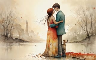 Картинка одна девушка, длинные волосы, закрытые глаза, каштановые волосы, на открытом воздухе, дерево, гетеро, туфли, черные волосы, пара, голубая рубашка, рубашка, крови, озеро, мальчик, голое дерево, платье, брюки, вода, отражение, стоя, чёрные штаны, собака