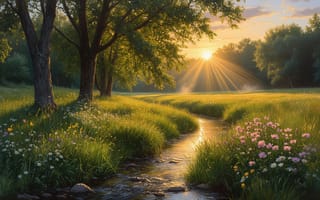 Картинка пейзаж, природа, долина, ручей, лес, закат, HD, дикие цветы, блики, тепло, 1920х1080, утро, рабочий стол, зелень, эстетика, камни, вода, гармония, лето, облака, ромашки, река, вечер, луг, дубы, нейросеть, 2k, поляна, 16:9, розовые цветы, цветы
