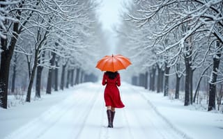Картинка одна девушка, индивидуальные, проведение, сзади, ходить, ходьба, пейзаж, следы, черная обувь, природа, снежный покров, зонтик, голое дерево, пальто, красное пальто, длинные волосы, на открытом воздухе, лес, коленные сапоги, зима, сапоги, снег, черные волосы, дерево