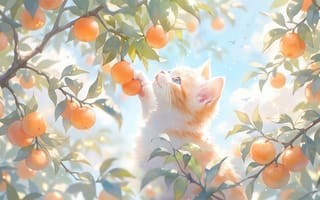 Картинка котенок, кот, лучи света, 1920х1080, апельсины, спелые плоды, ветка, глаза, ИИ, мандарины, зелень, кошечка, весна, пушистый, рабочий стол, небо, тепло, лапка, блики, 16:9, игра, лето, эстетика, 2k, реализм, фрукты, 4k, любопытство, иллюстрация, нейросеть