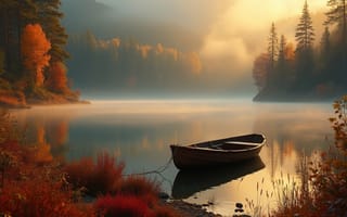 Картинка лодка, берег, небо, озеро, рассвет