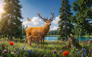 Картинка цветок, на природе, животное, натура, синее небо, ёлка, голубой цветок, фиолетовый цветочек, небом, оленя, траве, солнечный лучи, без людей, жёлтый цветок, глубина резкости, пейзаэ, день, лесу, вода, красный цветок, рога, размытый, жук, бабочка, облако