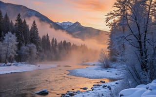 Картинка река, зима, Сибирь, рассвет, мороз