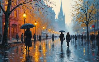 Картинка длинные волосы, несколько девушек, люди, осень, несколько мальчиков, пальто, дождь, сапоги, вода, проведение, небо, ходить, ходьба, здание, город, зонтик, прихватывающий зонтик, дерево, лужа, осенние листья, ночь, на открытом воздухе, 6 мальчиков, отражение, фонарный столб, голое дерево, улица, дорога, пейзаж