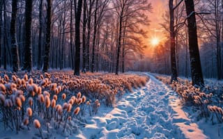 Картинка цветок, на открытом воздухе, трава, солнце, сосна, голое дерево, зима, без людей, небо, закат, голландский угол, дерево, природа, снег, пейзаж, лес