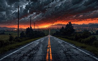Картинка дорога, шоссе, столбы, линии электропередач, сумерки, вечер, город, драма, 16:9, силуэт города, закат, трава, нейросеть, холмы, разметка, пейзаж, арт, тучи, глушь, цифровая графика, атмосфера, HD, гроза, облака, горы, асфальт, деревья, ИИ