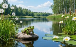 Картинка лягушка, зеленая лягушка, 16:9, солнце, летний пейзаж, природа, пруд, 4k, белые лилии, кувшинки, вода, берег, белые одуванчики, лето, пейзаж, нейросеть, камыши, река, рабочий стол, амфибия, трава, деревья, белые облака, ИИ, HD, одуванчики, земноводное