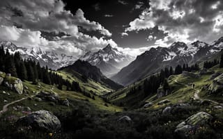 Картинка горы, скалы, пики, вершины, снег, рабочий стол, валуны, ледники, солнце, свет, зелень, HD, мох, 4k, камни, нейросеть, долина, ели, сосны, ИИ, реализм, тени, кучевые облака, контраст, Альпы, небо, природа, туристы, 16:9, деревья, лес, путешествие