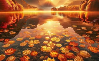 Картинка озеро, рассет, отражение, солнце, горы, листья