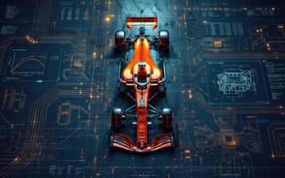 Картинка болид, F1, цифровая графика, схемы, технологии, HD, дизайн, Формула-1, подсветка, плата, гонки, 1920х1080, футуризм, 2k, хай-тек, рабочий стол, McLaren, красный, инженерия, оранжевый, микросхема, графики, концепт, скорость, интерфейс, неон, чертежи
