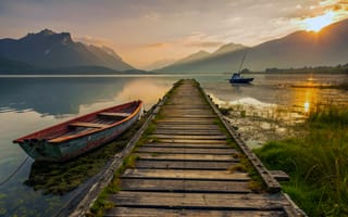 Картинка море, природа, вода, горизонт, пейзаж, лодка, океан, волны, пляж, горы