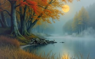Картинка Луна, лес, утро, озеро, отражение