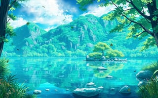 Картинка природа, горы, птицы, цветы, небо, вода, море