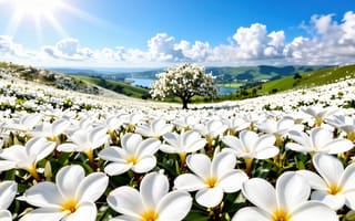 Картинка пейзаж, поле, блики, плюмерия, рабочий стол, лето, голубое небо, лепестки, реализм, трава, франжипани, нейросеть, облака, озеро, красота, холмы, небо, природа, долина, дерево, свежесть, кучевые облака, ИИ, 4k, весна, река, солнечные лучи, 1920х1080, HD
