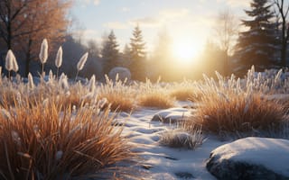 Картинка зима, снег, мороз, сухоцветы, HD, реализм, 2k, поляна, атмосфера, пейзаж, солнце, золотой час, иней, изморозь, ели, мискантус, закат, 16:9, рабочий стол, природа, поле, луг, 4k, ИИ, нейросеть, сухая трава, детализация, деревья, уют, лучи солнца, колосья