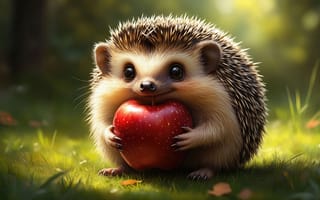 Картинка ёж, ёжик, солнечный свет, лакомство, яблоко, боке, блики, 3D графика, иголки, лес, питомец, лапки, сказка, ежонок, арт, нейросеть, солнце, фрукт, 16:9, спелое яблоко, лужайка, еда, трава, большие глаза, пушистый, природа, колючки, зверёк, красное яблоко