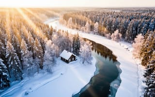 Картинка пейзаж, зима, мороз, рассвет, аэрофотосъемка, атмосфера, солнце, уединение, вид сверху, избушка, HD, лучи солнца, высота, лес, домик, русло, 16:9, заиндевевшие деревья, закат, 1920х1080, золотой свет, сосны, рабочий стол, изгиб реки, изморозь, ели