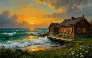 Картинка пейзаж, море, изумрудная вода, крыша, волны, настил, ИИ, 4k, окна, мостик, бревенчатый дом, солнце, трава, живопись, свет, облака, сруб, пена, бирюзовая вода, 2k, 16:9, нейросеть, закат, тени, шторм, дом, цветы, терем, рабочий стол, 1920х1080