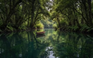 Картинка пейзаж, река, мягкий свет, покой, деревья, 2k, изумрудный цвет, лодка, уединение, густой лес, прозрачная вода, 1920х1080, водоросли, деревянная лодка, лесное озеро, папоротник, чистая вода, зеленые тона, зеркальное отражение, нейросеть, ИИ, медитация, HD