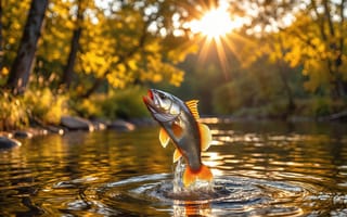Картинка окунь, хищная рыба, нейросеть, солнце, динамика, водоем, чешуя, прыжок рыбы, река, 2k, оранжевые плавники, солнечные лучи, осенний лес, 4k, 1920х1080, рыбалка, желтые листья, полосатый окунь, концепт-арт, 16:9, золотой свет, речной окунь, лесное озеро