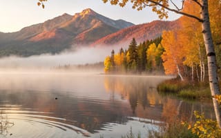 Картинка осень, утро, туман, озеро, небо, туманный, вода, отражение, деревья, пейзаж, облака, лес, фотограф, мгла, горы, природа