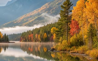 Картинка осень, утро, туман, озеро, лес, деревья, туманный, небо, вода, природа, мгла, облака, пейзаж, горы, отражение, фотограф