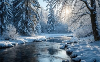 Картинка зима, снег, лес, тишина, красота, природа, природа в России, отражение, зимний лес, природа России, спокойствие, пейзаж, река, зимний пейзаж, природа зимой, деревья, нейросеть, заснеженный пейзаж, солнечный свет, рабочий стол, заснеженный лес, холод, зимний день, река зимой, заснеженные деревья, лед