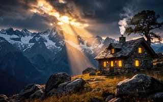 Картинка уютный дом, каменный дом, реалистичный арт, пейзаж, убежище, трава, облака, дым из трубы, дикая природа, нейросеть, камни, рабочий стол, драматичное небо, лучи солнца, хижина, рассвет, заснеженные вершины, свет сквозь тучи, путешествия, HD, атмосфера