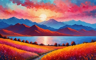 Картинка природа, горы, рисунок, рассвет, цветы, картина, закат, поля