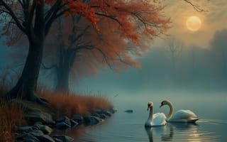 Картинка утро, птицы, отражение, Луна, озеро, свет