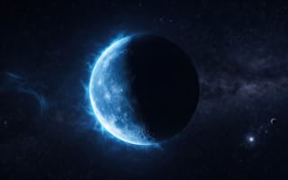 Картинка космос, планета, луна, неоновое свечение, галактика, HD, тень планеты, арт, астрономия, синий неон, научно-фантастический арт, затмение, Млечный Путь, голубая аура, космический пейзаж, холодные оттенки, ИИ, глубокий космос, научно-фантастический, 16:9