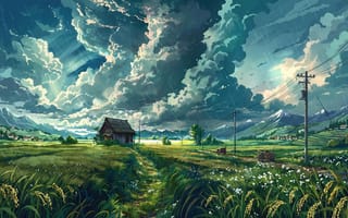 Картинка летний дождь, ливень, рабочий стол, одинокий дом, грозовые тучи, 1920х1080, горный хребет, деревянная хижина, HD, 2k, свежесть, концепт-арт, 4k, колышущаяся трава, ИИ, линии электропередач, рендеринг, природа, рисовые поля, телега, гибли эстетика