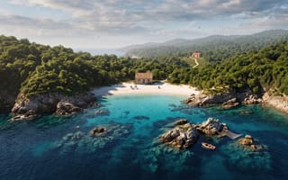 Картинка бирюзовая вода, прозрачный океан, коралловые рифы, летний отдых, концепт-арт, тропический остров, дикая природа, зеленые холмы, деревянная лодка, каменистый берег, арт, 1920х1080, хижина на пляже, HD, лазурный залив, иллюстрация, путешествие, вид сверху