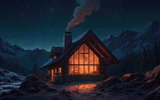 Картинка горный домик, шале, нейросеть, лунный свет, заставка, покой, ночной пейзаж, арт, уединение, зимняя сказка, рендеринг, свет из окон, звездное небо, 1920х1080, ИИ, ели в снегу, иллюстрация, янтарный свет, зимний пейзаж, хвойный лес, рабочий стол