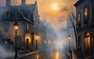 Картинка город, вечер, солнце, улица, фонари, огни