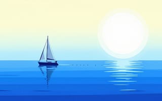 Картинка пейзаж, море, ИИ, небо, геометрия, рассвет, лаконичность, путешествие, 16:9, концепт арт, вода, желтый, минимализм, свобода, океан, 1920х1080, цифровой рисунок, солнце, мачта, покой, гармония, синий, рабочий стол, парусник, нейросеть, закат, штиль