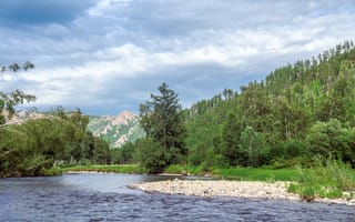 Картинка горы, река, небо, Хакасия, вода, облака, лес