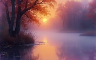 Картинка утро, туман, деревья, озеро