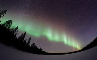 Картинка деревья, ночь, природа, снег, аврора, атмосфера, звезды, галактика